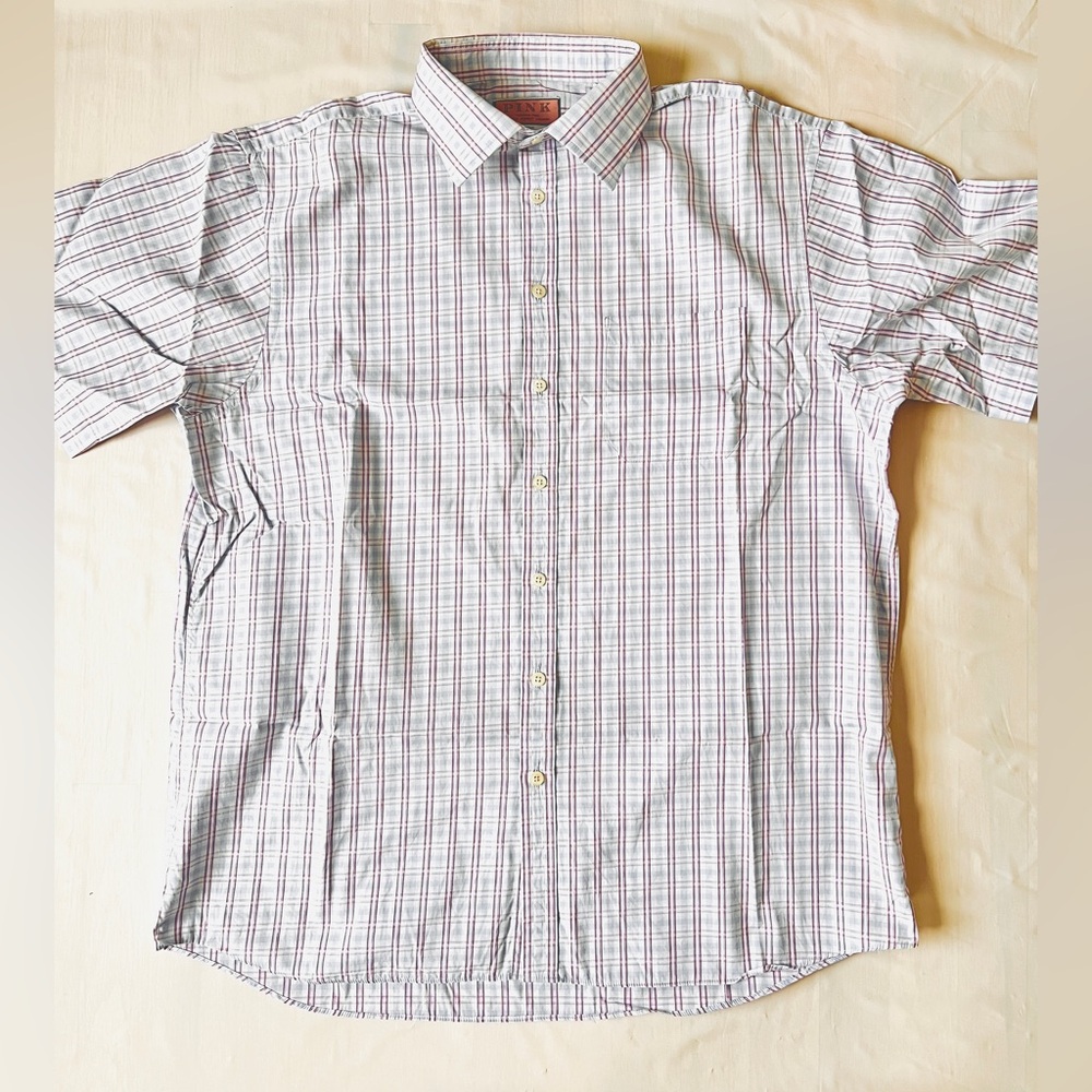 Thomas Pink purple blue plaid Shirt Men 17 43 Ireland vintage short sleeve